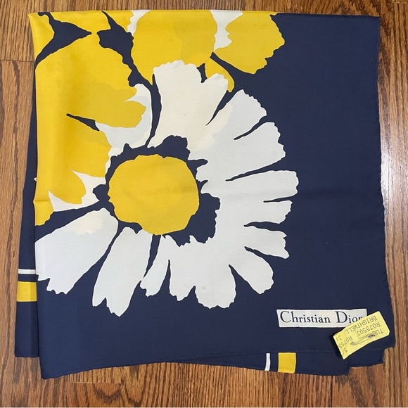 Vintage Christian Dior Large Silk Scarf Navy Gold White - Picture 1 of 12